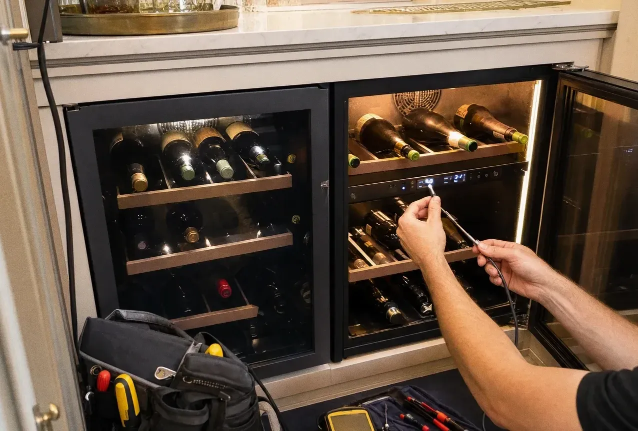 Two-door wine cabinet standing open under warm interior lighting, bottles on wooden racks and a tool roll on the floor beside it
