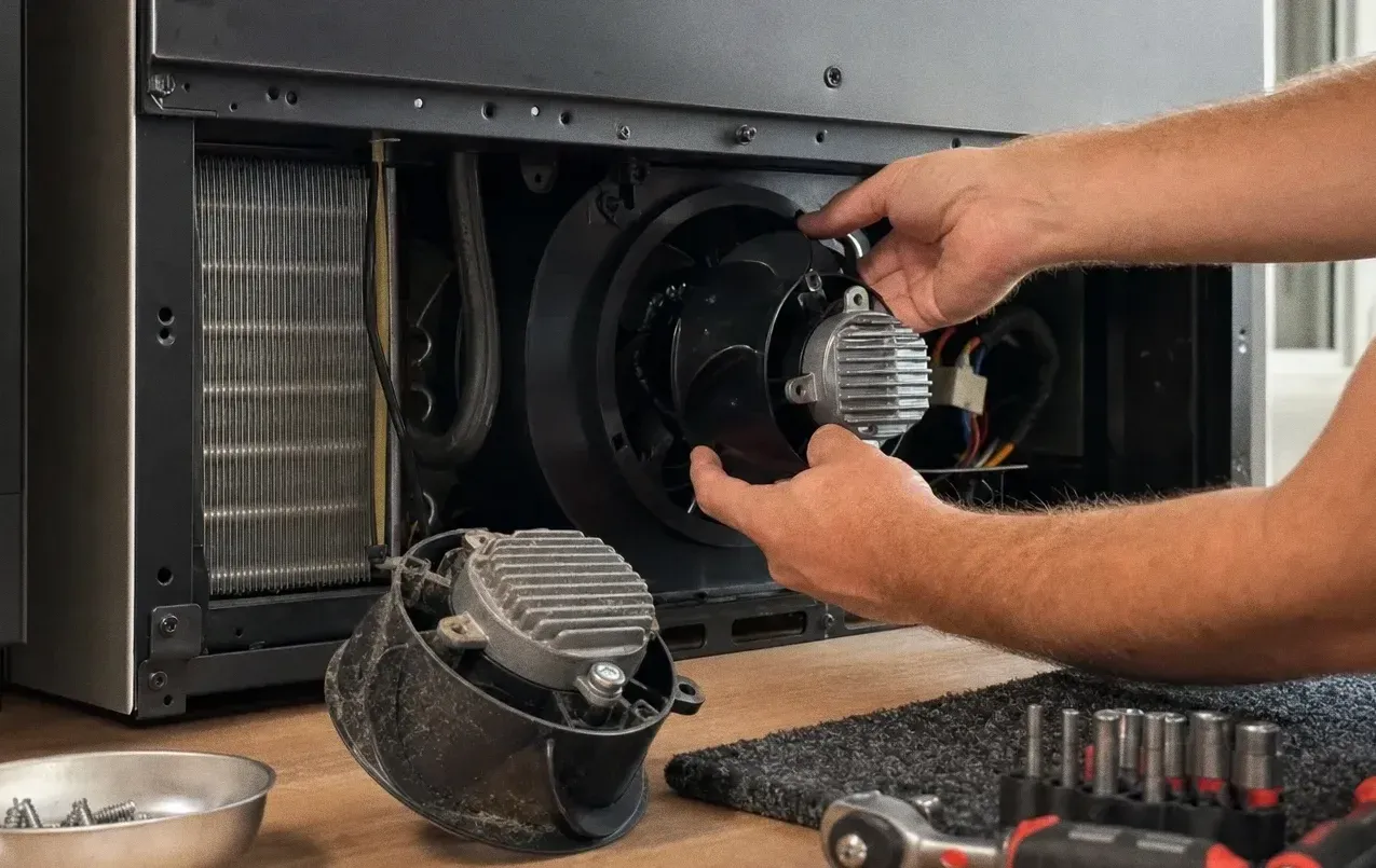 Base grille removed from a built-in refrigerator, condenser coil exposed and a round fan motor lifted out beside a dismantled blower assembly