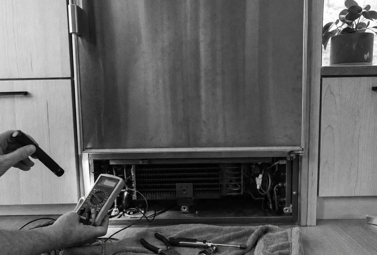 Black-and-white frame of a tall built-in with its base grille off, machine compartment open and a vacuum hose at the coil