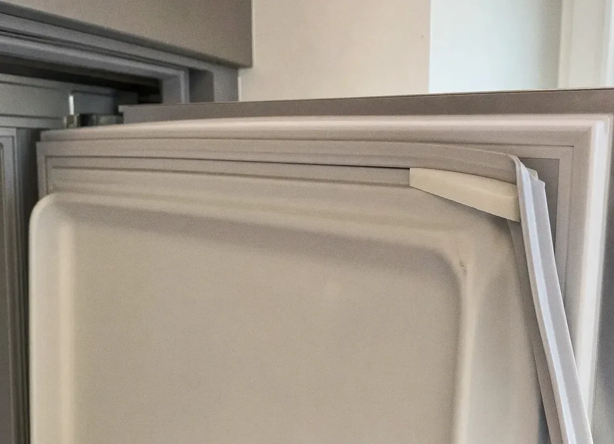 Close view along the edge of a cabinet door and the magnetic gasket seated in its channel