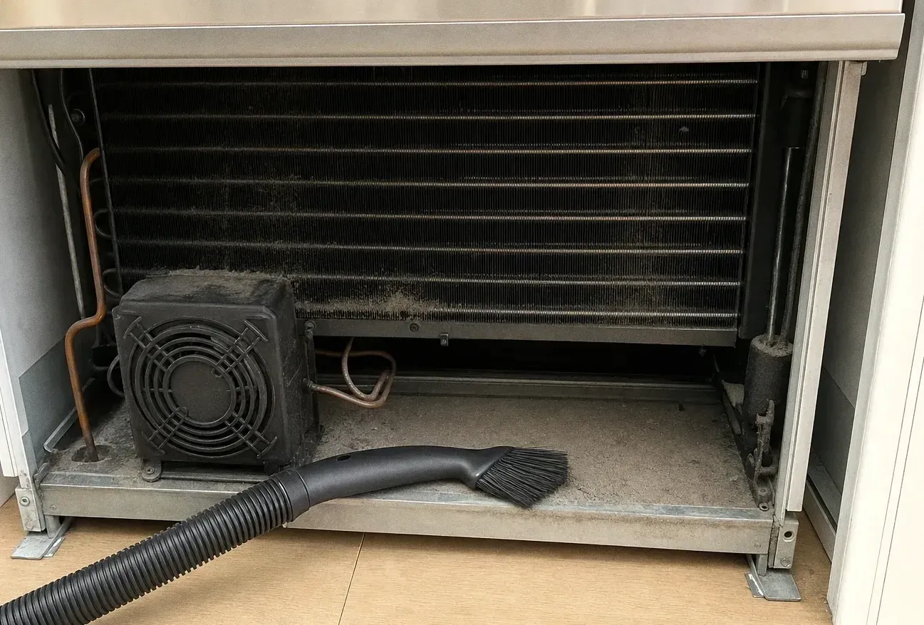 Machine compartment at the base of a built-in showing the condenser coil and circular fan, with a vacuum hose and brush nozzle on the tiled floor